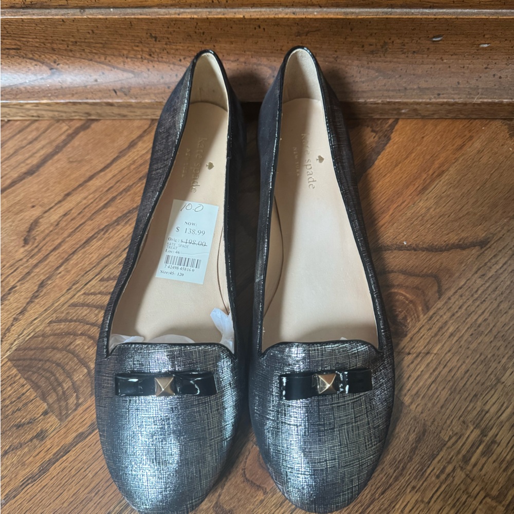 Kate Spade Black/Silver Flats with Bow Detail | 10